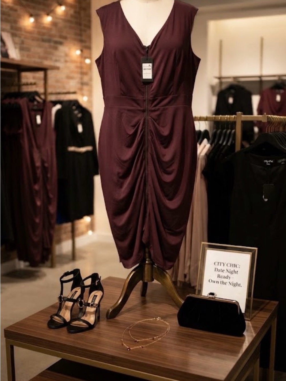 City Chic Sleeveless Ruched Zip Midi Dress - Burgundy